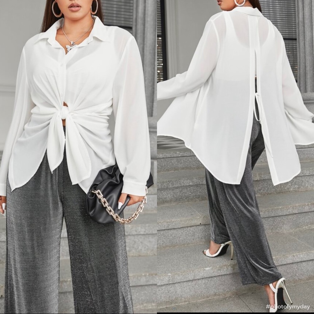 Boho Plus Size Slit Open back Button Shirt Top Blouse Black - Picture 6 of 10